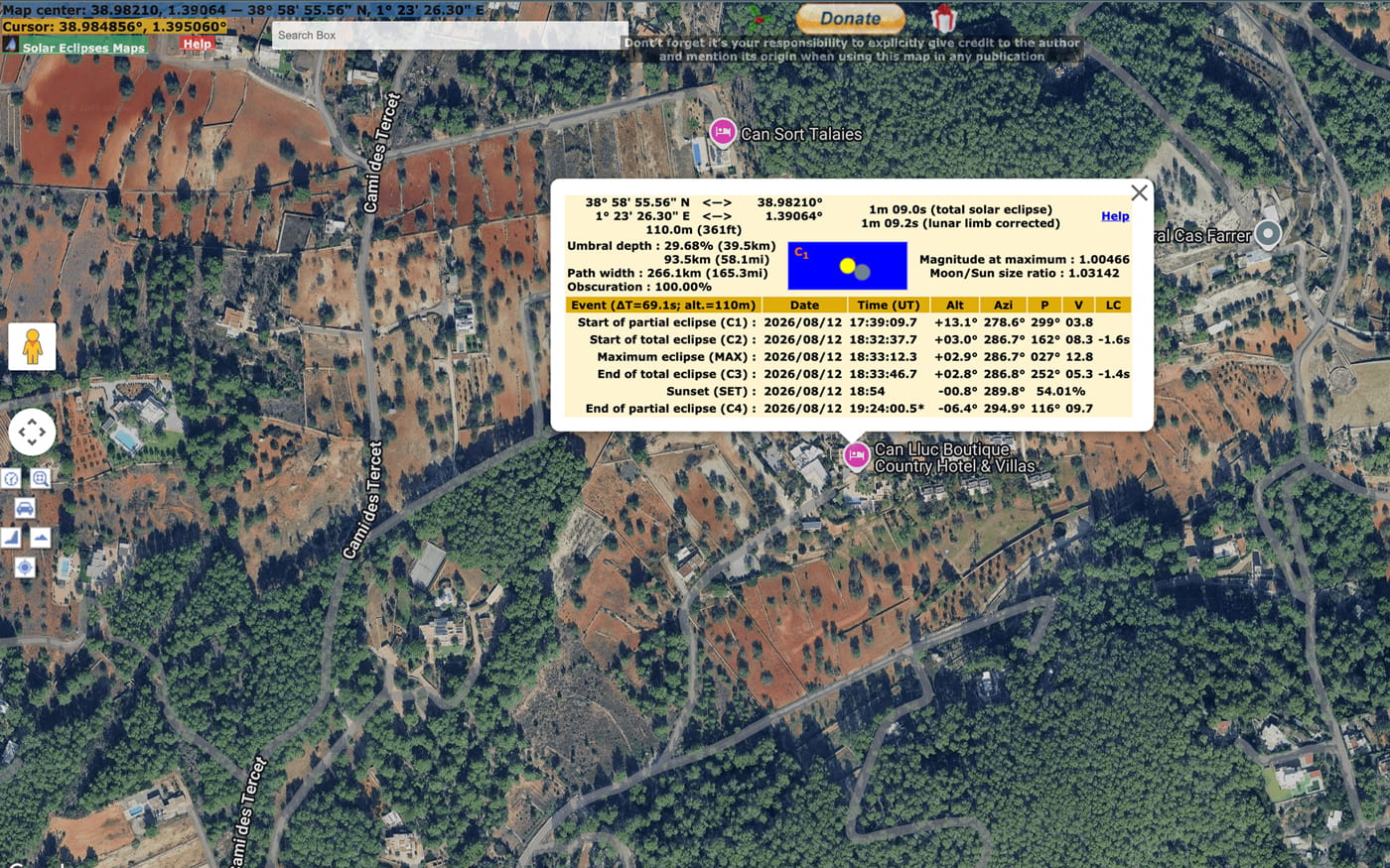 Simulación del eclipse solar total en Can Lluc Ibiza 12 agosto 2026