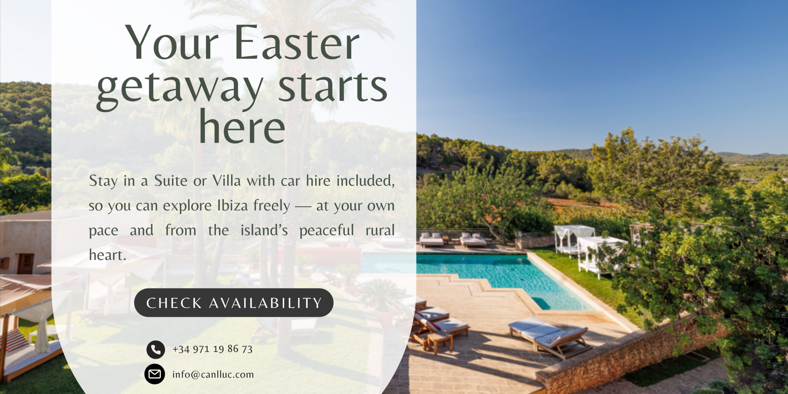 Pool area at Can Lluc boutique rural hotel in Ibiza during the Easter holiday season